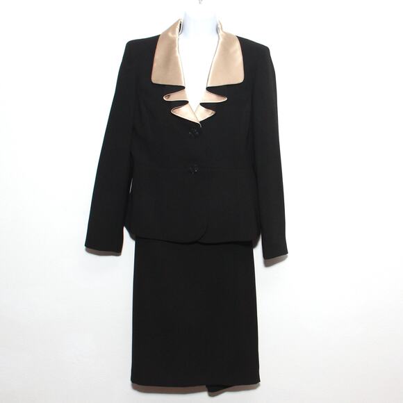 Vintage LeSuit Satin Ruffle Collar Black Suit skirt set Size 8 - Picture 1 of 12